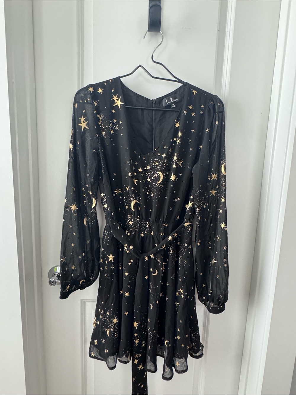 Lulu's Black Long Sleeve Celestial Print Wrap Dress